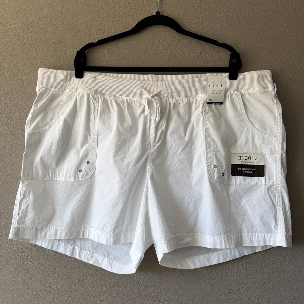 da-sh Dash Nicole White Comfee-Flex Knit‎ Waist Poplin Shorts Plus Size 3X